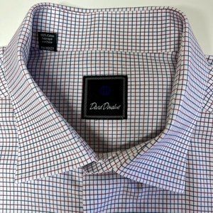 David Donahue Trim Fit Dress Shirt in Navy/Burgundy Plaid Size 18 • 36/37
